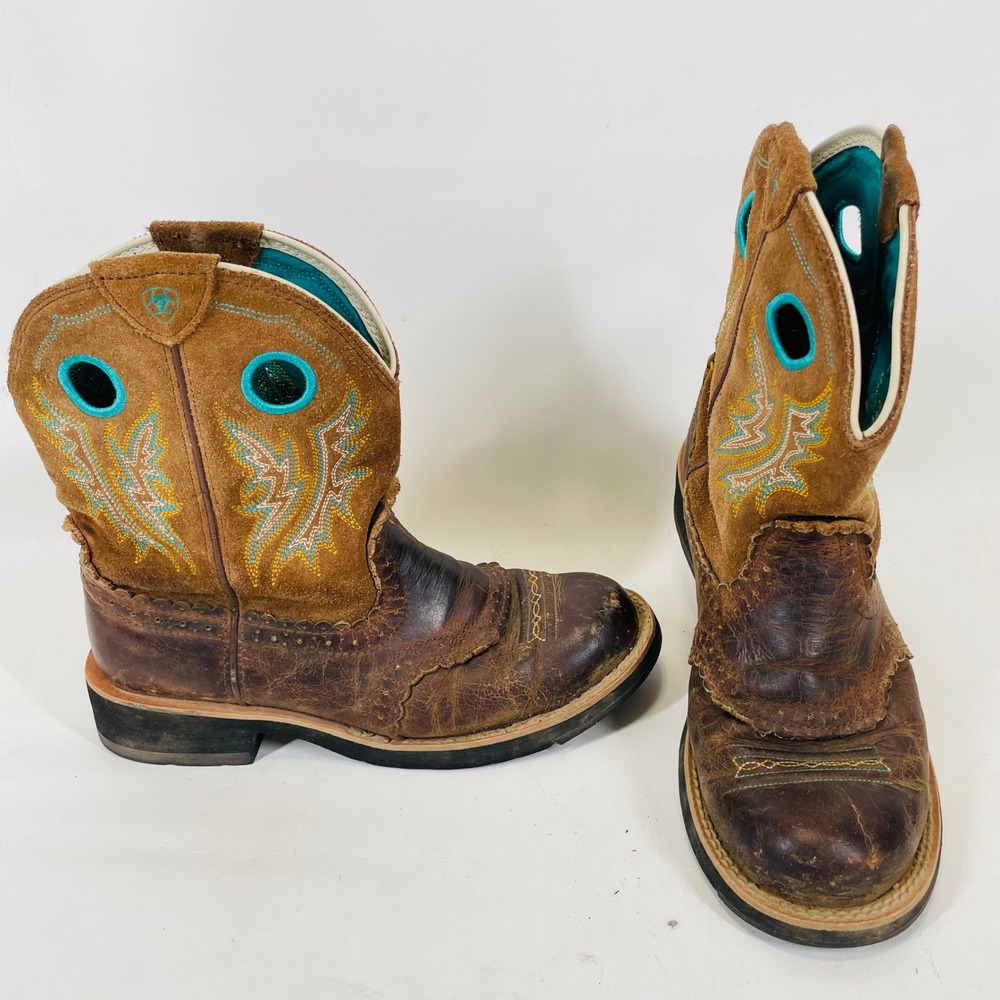 Ariat Fatbaby Brown Turquoise Leather Suede Western Boots 10010219 Womens 6.5B
